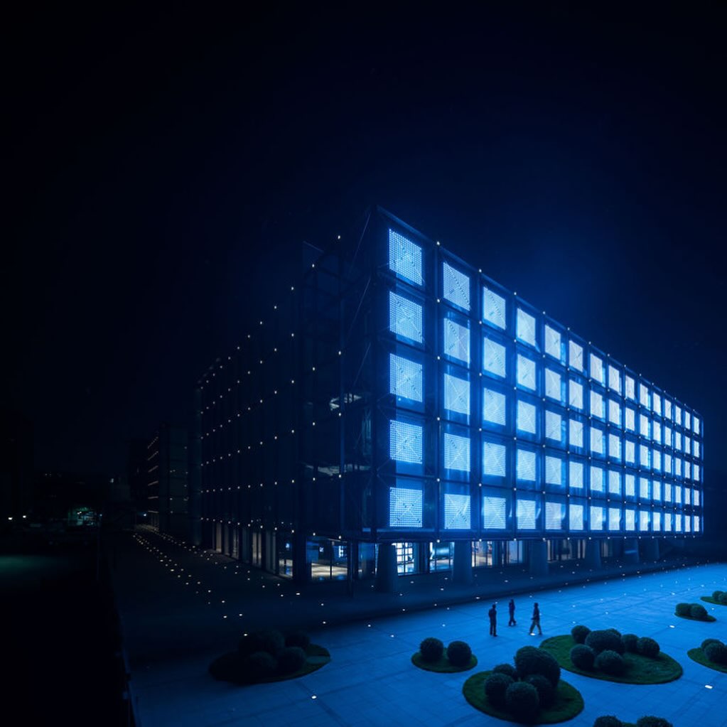 SPARK 761 – Beijing Digital Economy Computing Power Center, illustrant la transformation nocturne du bâtiment grâce à un système d’éclairage dynamique et à des écrans LED intégrés à l’architecture.